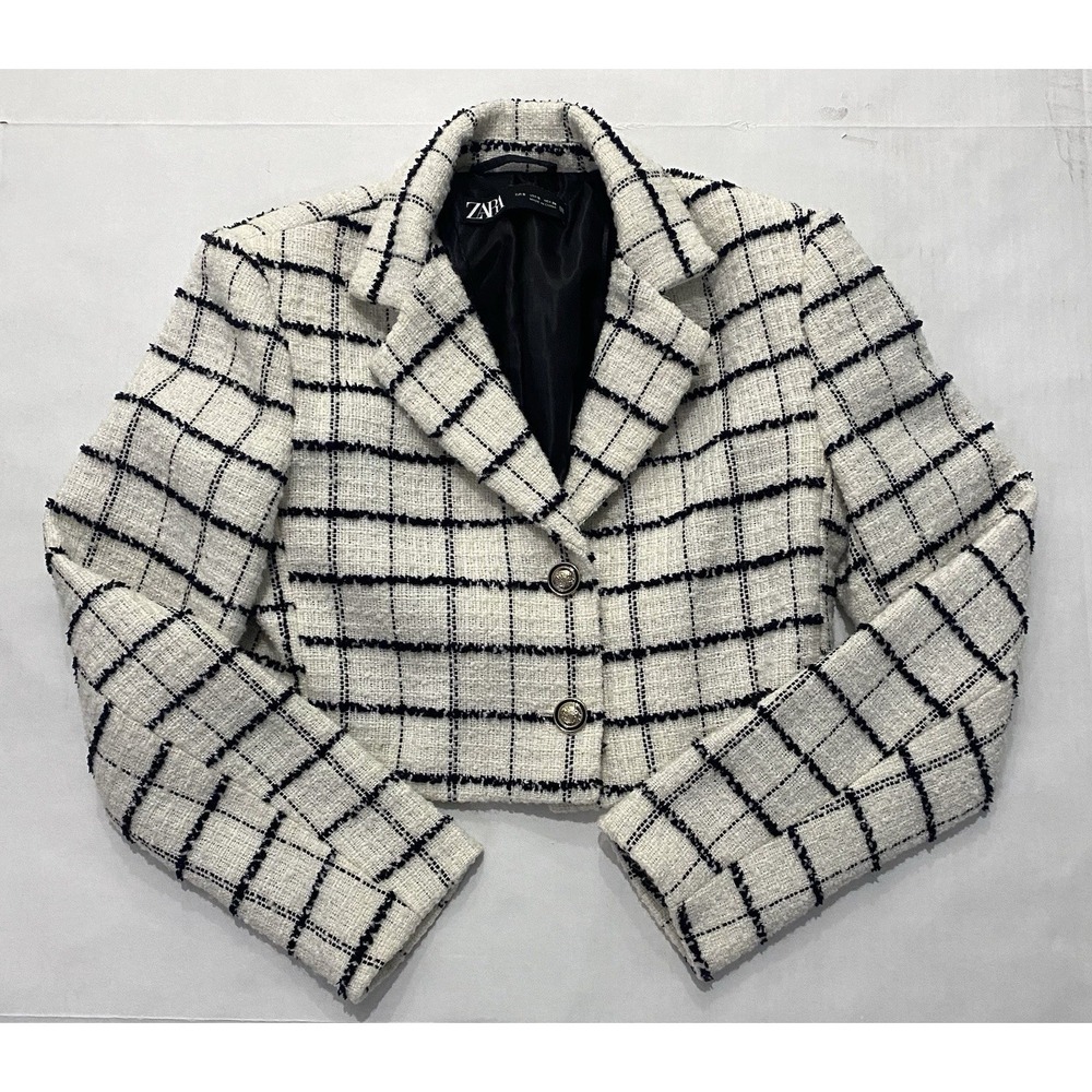 ZARA Women's Cropped Tweed Blazer Jacket White Black Plaid. Small